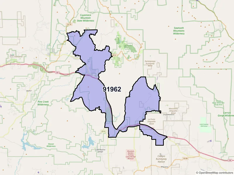 Map of Pine Valley, California and ZIP codes
