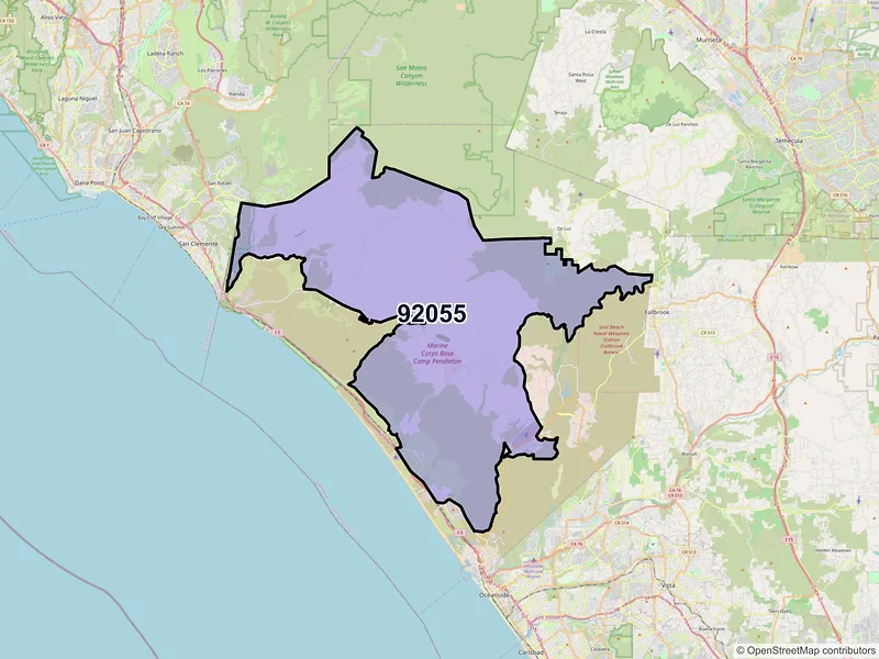 Map of Camp Pendleton, California and ZIP codes