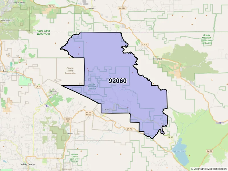 Map of Palomar Mountain, California and ZIP codes