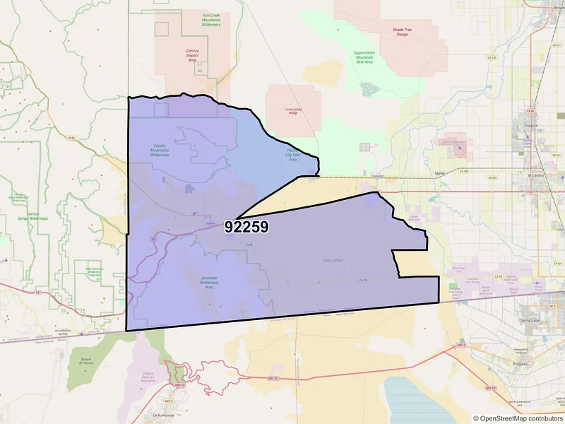 Map of Ocotillo, California and ZIP codes