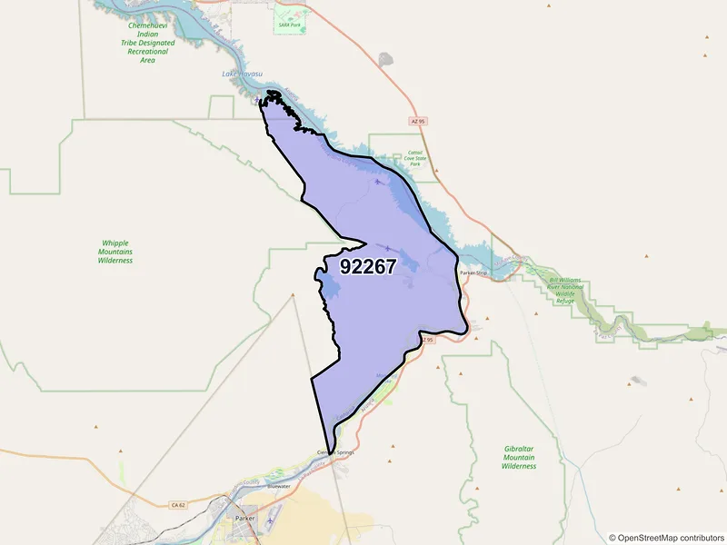Map of Parker Dam, California and ZIP codes