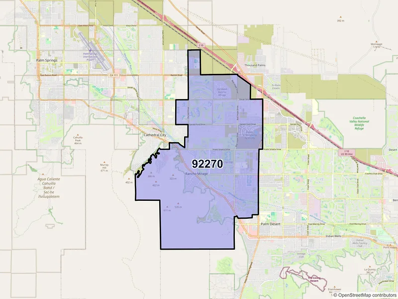 Map of Rancho Mirage, California and ZIP codes