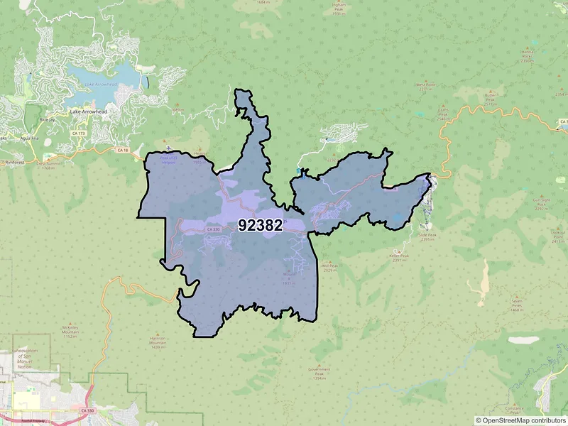 Map of Running Springs, California and ZIP codes