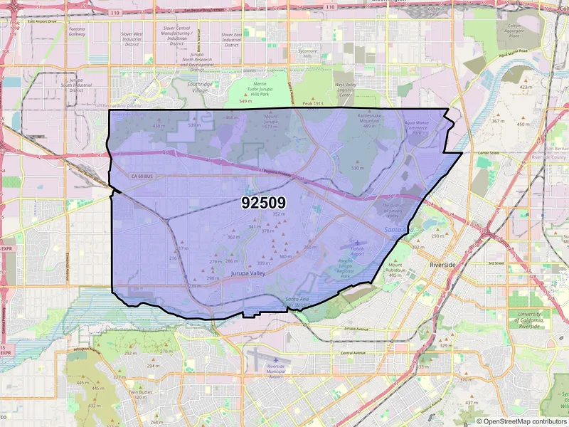 Map of Jurupa Valley, California and ZIP codes