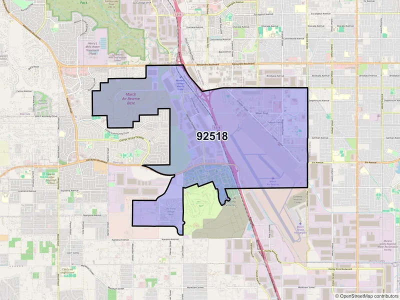 Map of March Air Reserve Base, California and ZIP codes