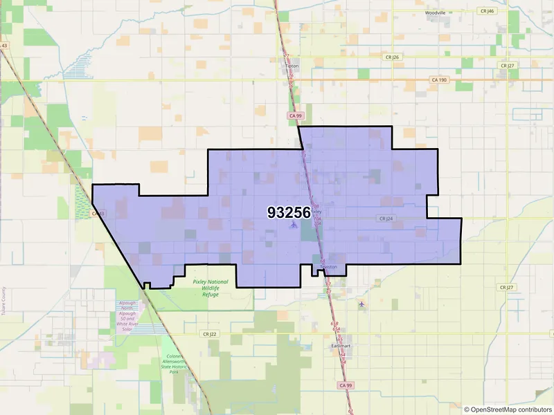 Map of Pixley, California and ZIP codes