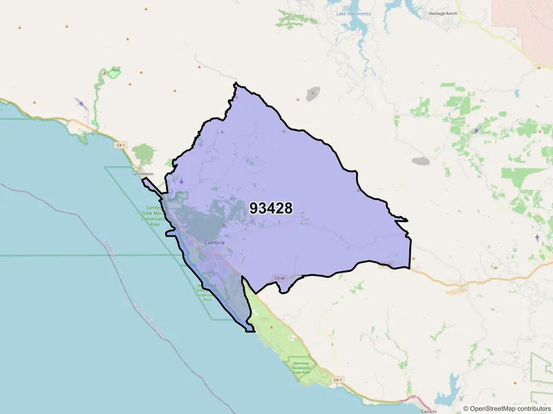 Map of Cambria, California and ZIP codes
