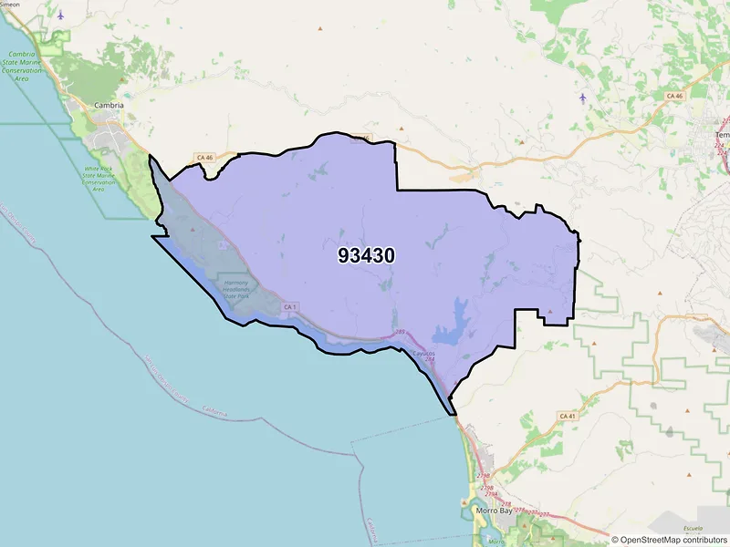Map of Cayucos, California and ZIP codes