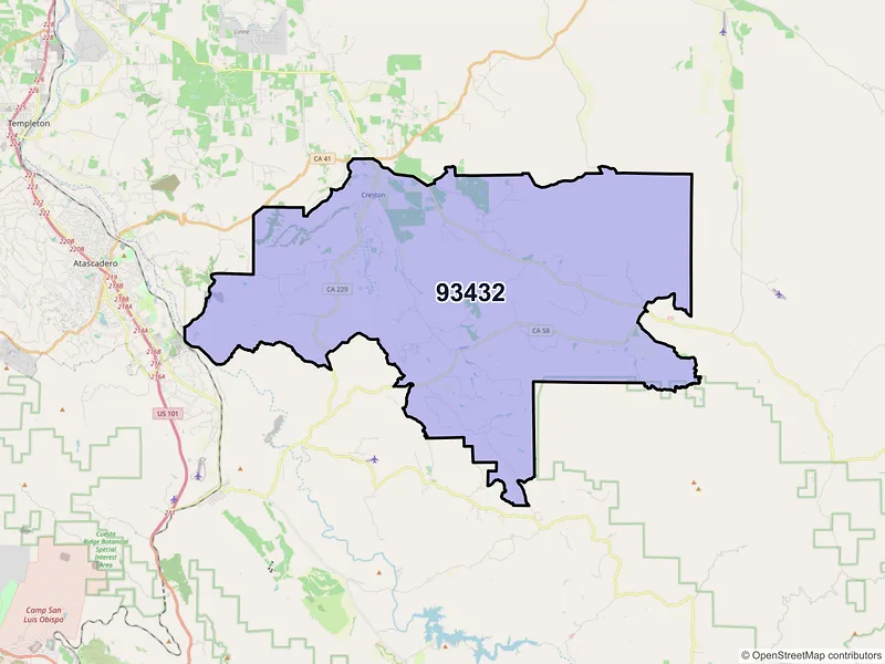 Map of Creston, California and ZIP codes