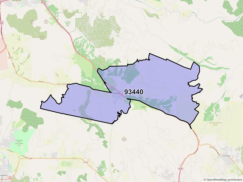 Map of Los Alamos, California and ZIP codes