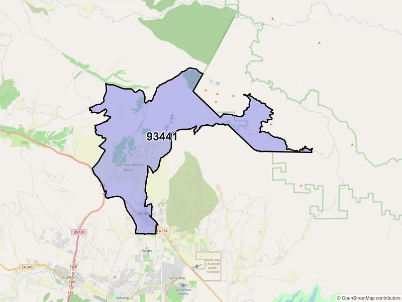Map of Los Olivos, California and ZIP codes