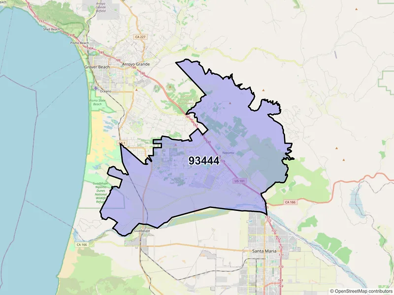 Map of Nipomo, California and ZIP codes