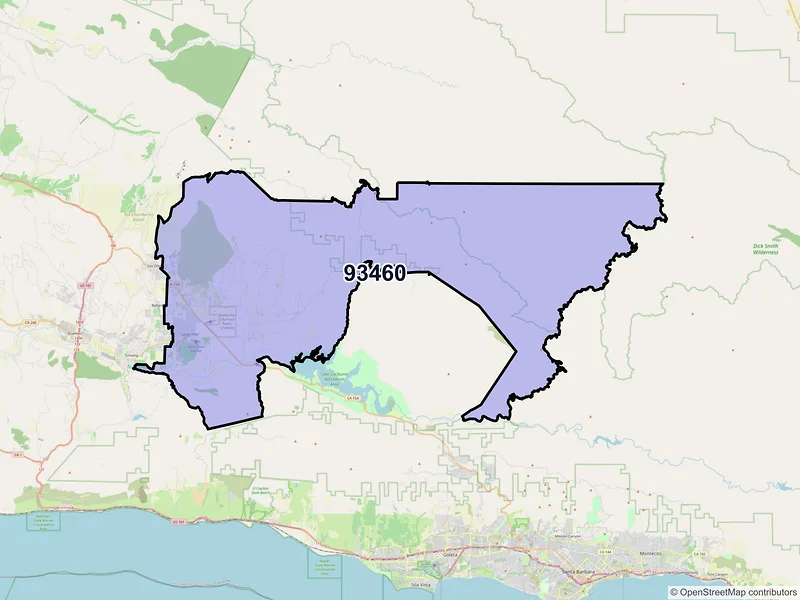 Map of Santa Ynez, California and ZIP codes