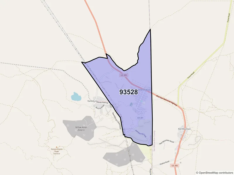 Map of Johannesburg, California and ZIP codes