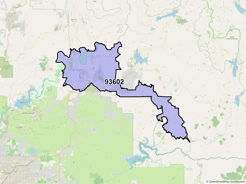 Map of ZIP Code 93602 — Auberry, CA