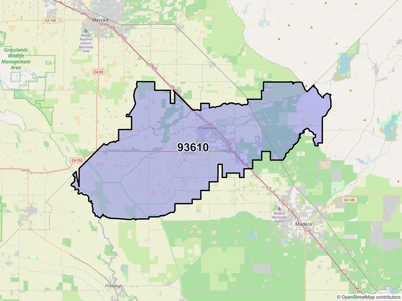 Map of Chowchilla, California and ZIP codes