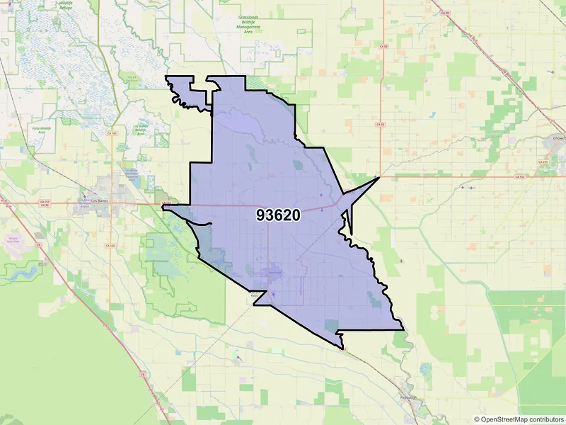 Map of Dos Palos, California and ZIP codes