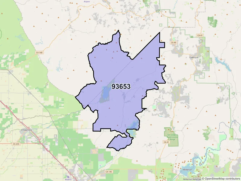 Map of Raymond, California and ZIP codes