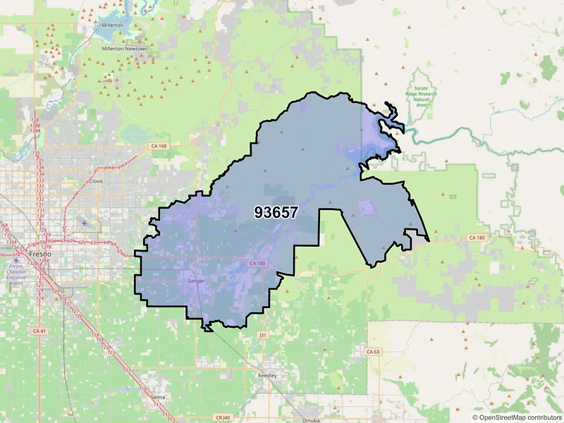 Map of Sanger, California and ZIP codes