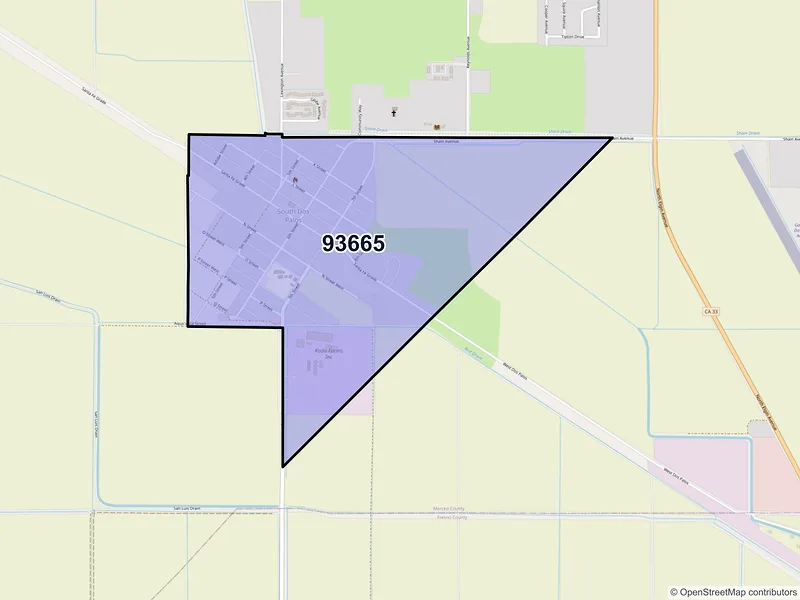 Map of South Dos Palos, California and ZIP codes