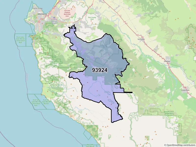 Map of Carmel Valley, California and ZIP codes