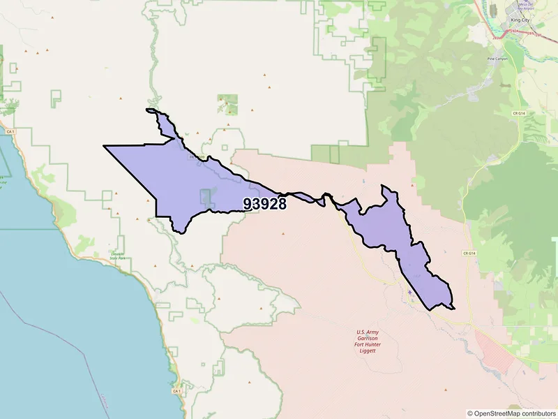 Map of Jolon, California and ZIP codes