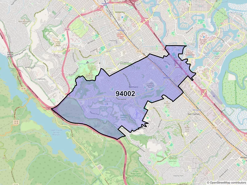 Map of Belmont, California and ZIP codes