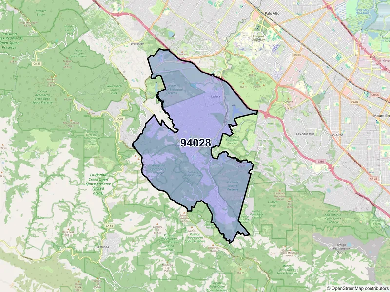 Map of Portola Valley, California and ZIP codes
