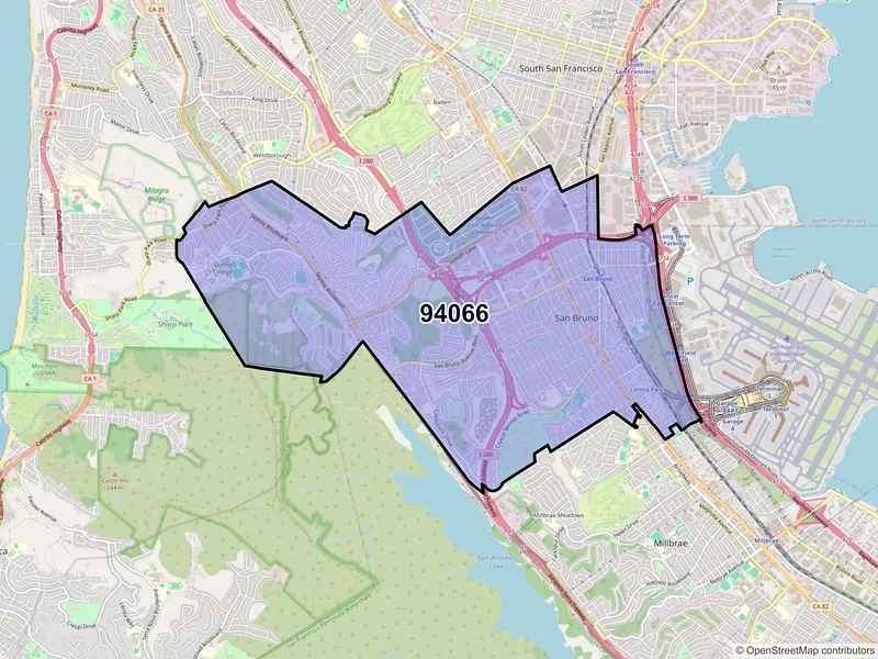 Map of San Bruno, California and ZIP codes