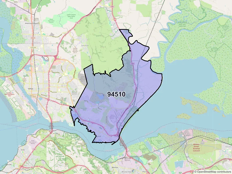 Map of Benicia, California and ZIP codes