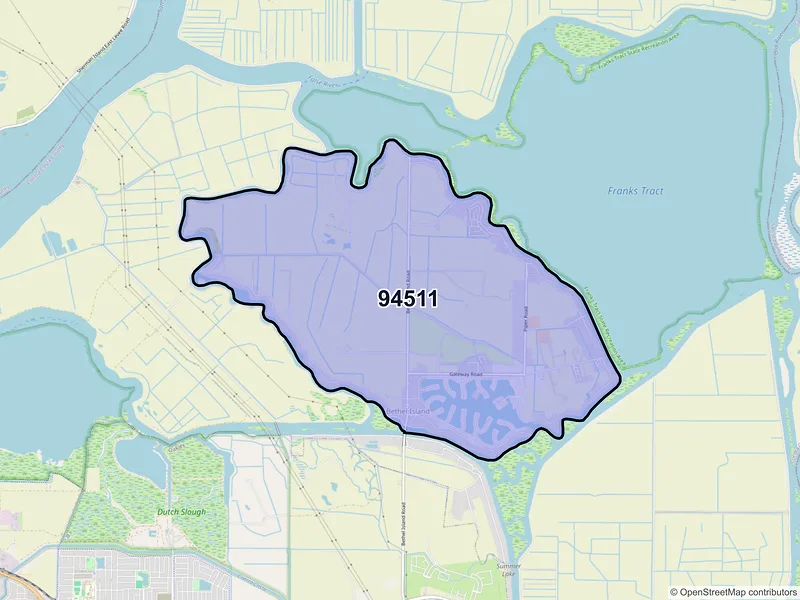 Map of Bethel Island, California and ZIP codes