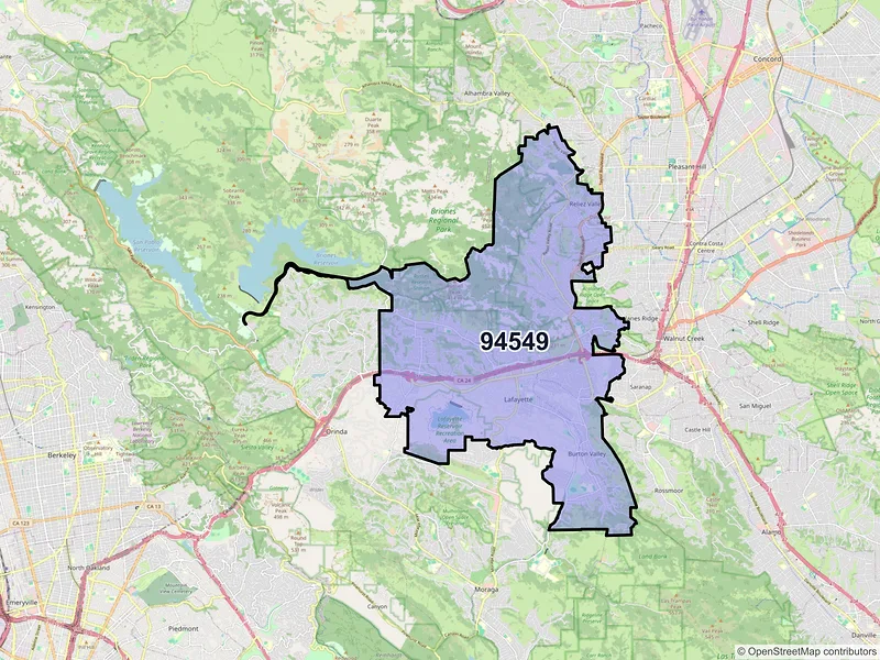 Map of Lafayette, California and ZIP codes