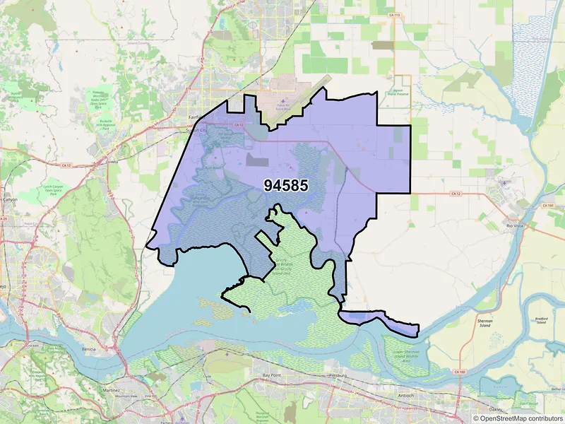 Map of Suisun City, California and ZIP codes
