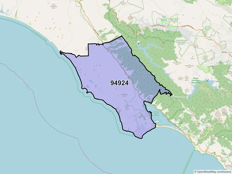 Map of Bolinas, California and ZIP codes