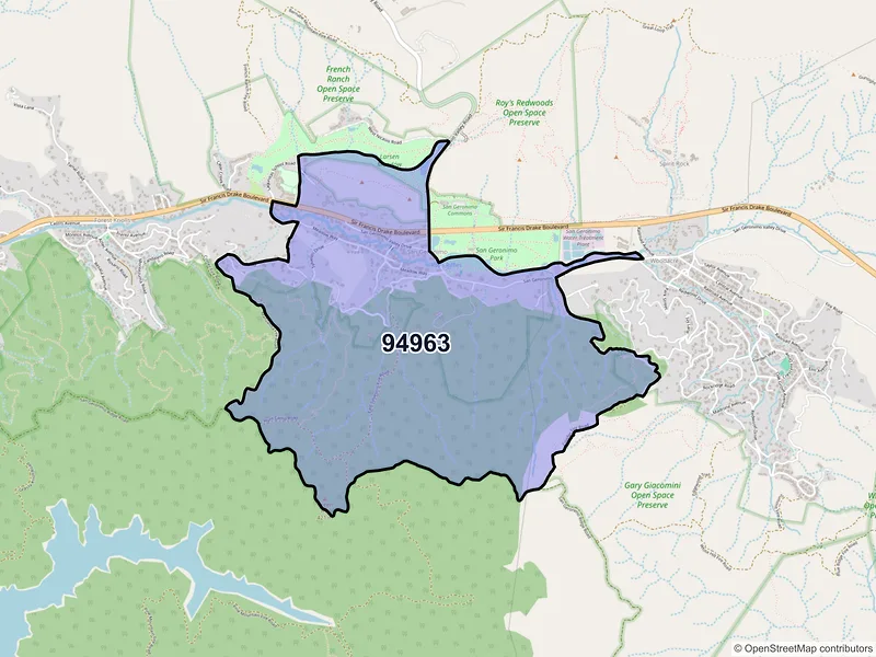 Map of San Geronimo, California and ZIP codes