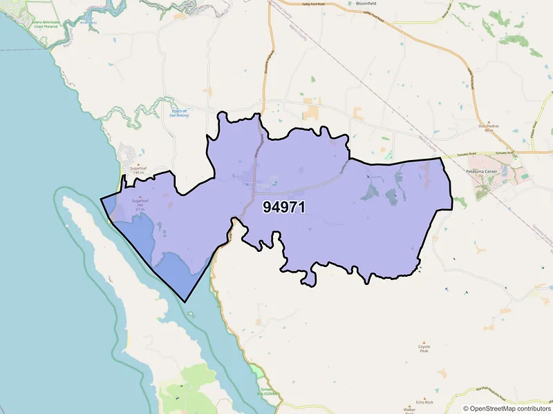 Map of Tomales, California and ZIP codes