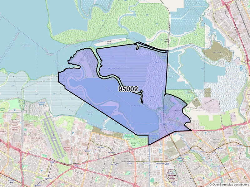 Map of Alviso, California and ZIP codes