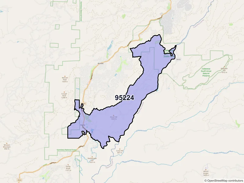 Map of Avery, California and ZIP codes