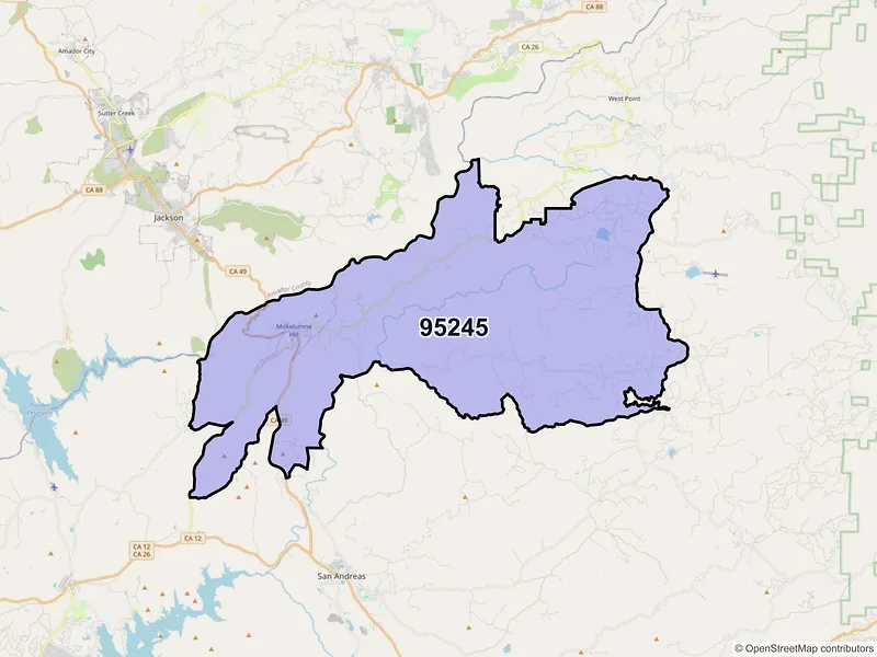 Map of ZIP Code 95245 — Mokelumne Hill, CA