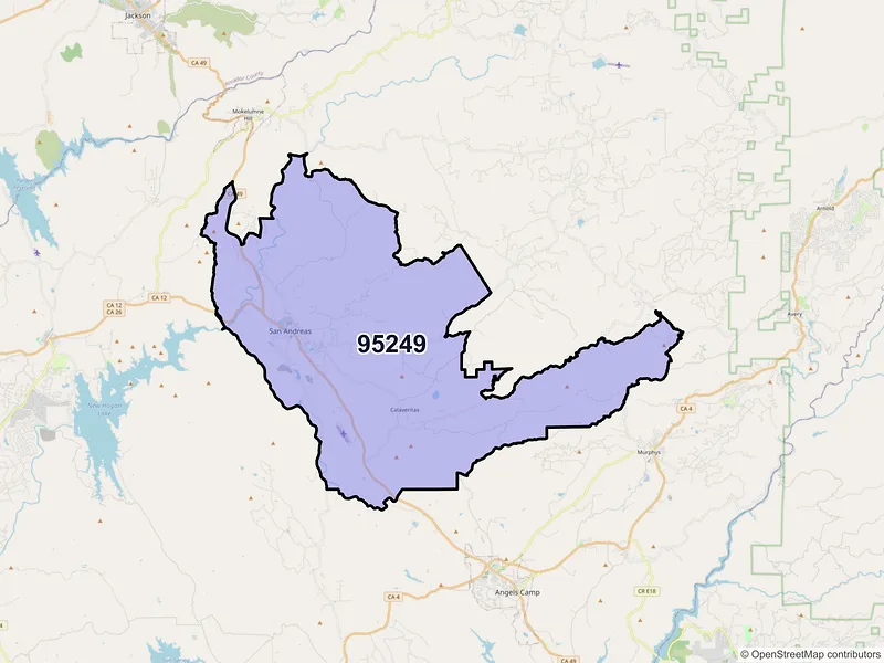Map of San Andreas, California and ZIP codes