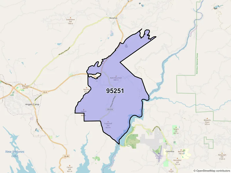 Map of Vallecito, California and ZIP codes