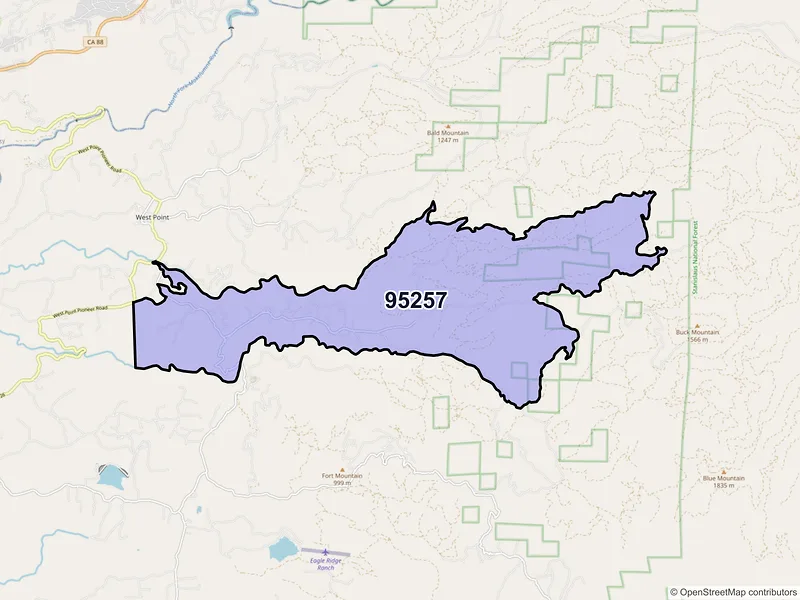 Map of Wilseyville, California and ZIP codes