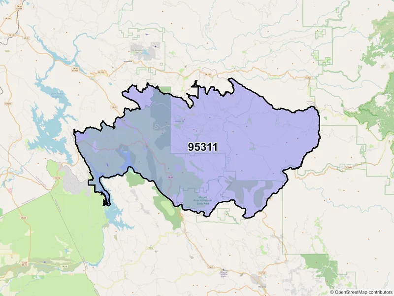Map of Coulterville, California and ZIP codes