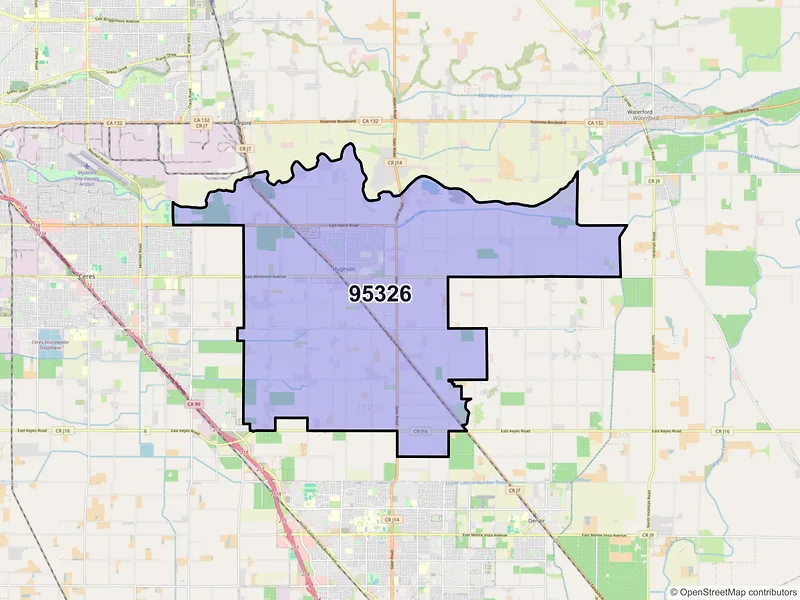 Map of Hughson, California and ZIP codes