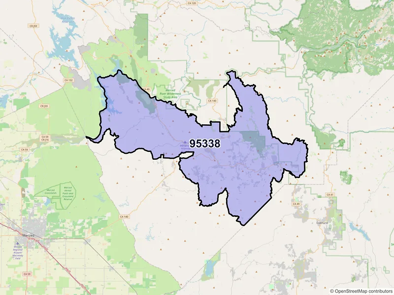 Map of Mariposa, California and ZIP codes