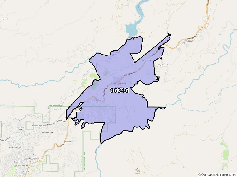 Map of ZIP Code 95346 — Mi Wuk Village, CA