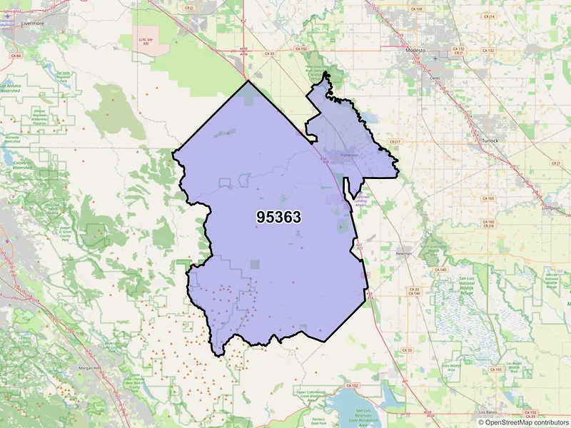 Map of Patterson, California and ZIP codes