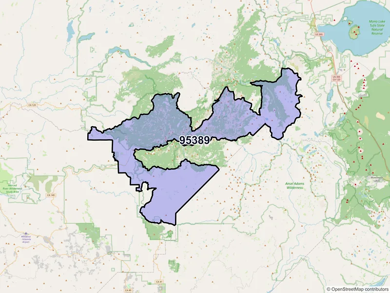 Map of Yosemite National Park, California and ZIP codes