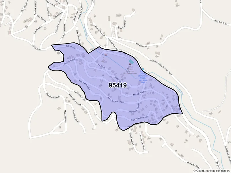 Map of Camp Meeker, California and ZIP codes