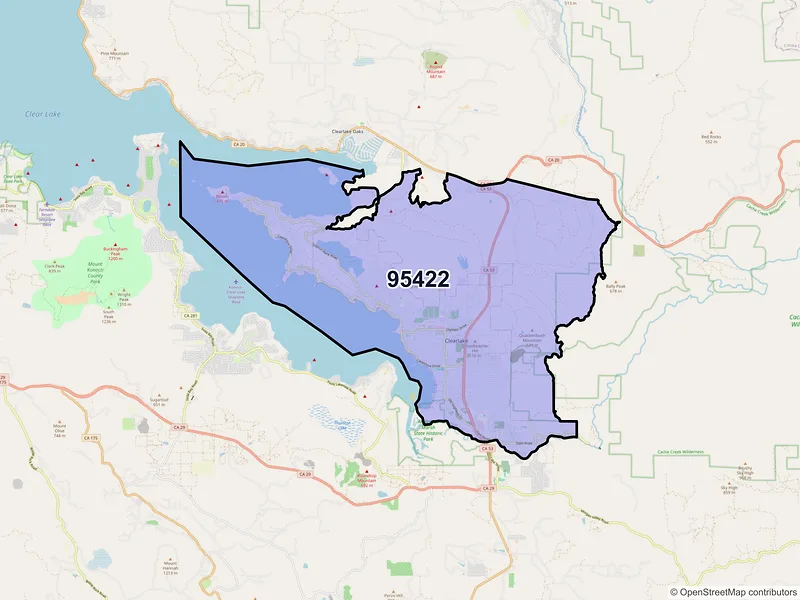 Map of Clearlake, California and ZIP codes